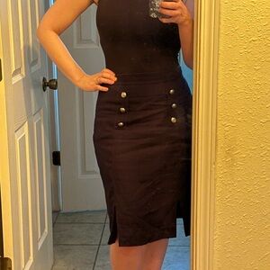 Tahari Navy Textured Cotton Nautical Sailor Button Pencil Skirt